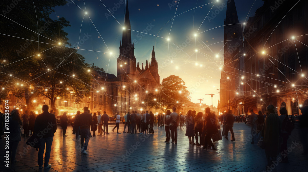 People gather under brilliance of 5G internet lines, as the city pulses with life in evening People gather under brilliance of 5G internet lines, as the city pulses with life in evening