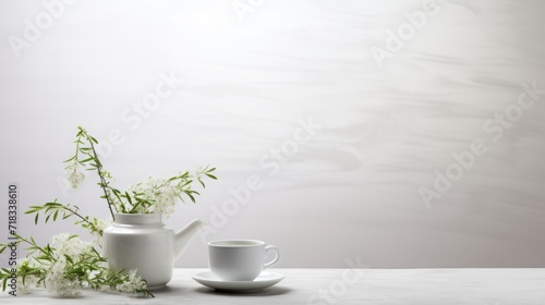  a white vase with white flowers and a white coffee cup on a white table with a white wall in the background.
