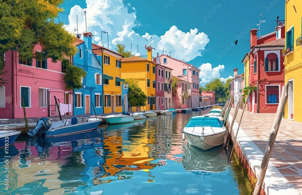 colorful canal with houses with boats docked in the water