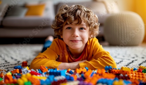 boy is playing  in the blocks at home