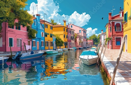 colorful canal with houses with boats docked in the water