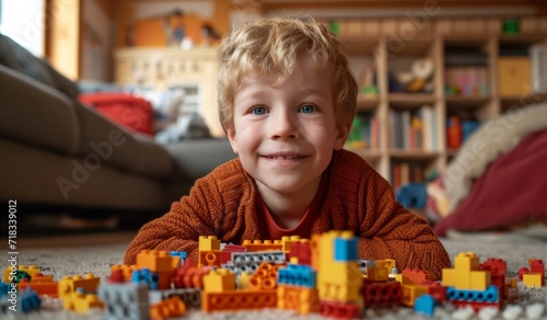 boy is playing with blocks in home