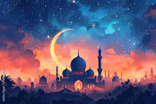 Ramadan Kareem background with mosque, moon and stars