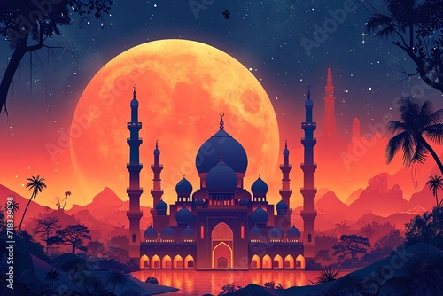Beautiful mosque on the background of the full moon