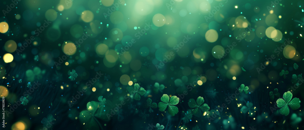 Saint Patrick's Day dark green and gold bokeh background with shamrock shapes. Concept for greeting cart, poster, banner, flyer, web pages. - obrazy, fototapety, plakaty 