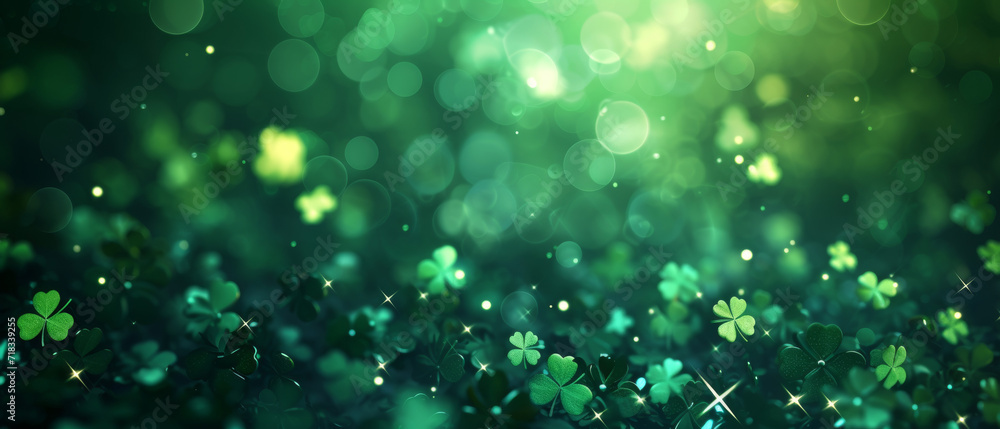 Saint Patrick's Day dark green and gold bokeh background with shamrock shapes. Concept for greeting cart, poster, banner, flyer, web pages. - obrazy, fototapety, plakaty 