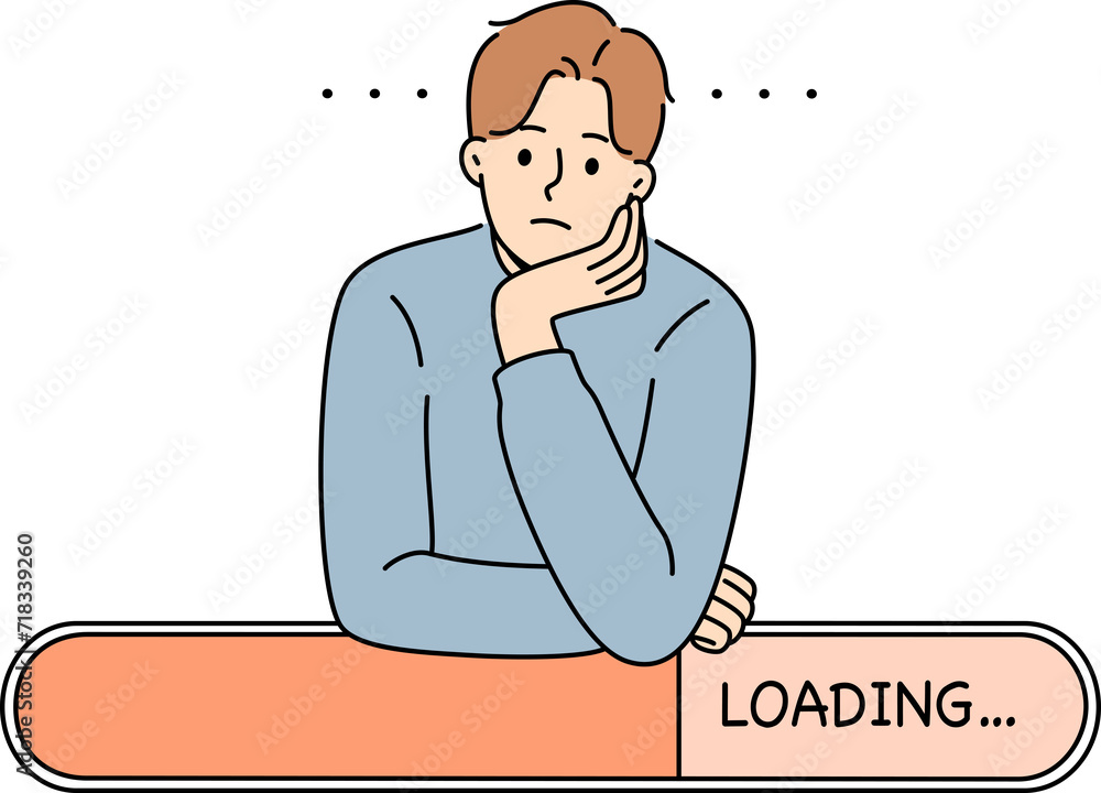 Man is experiencing problems due to poor internet and relies on loading line, suffering from gadget freezing. Slow internet connection ruins mood of guy who needs new provider or cloud storage