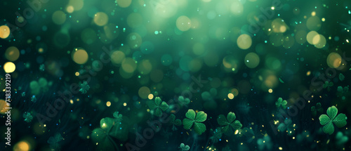 Saint Patrick's Day dark green and gold bokeh background with shamrock shapes. Concept for greeting cart, poster, banner, flyer, web pages.