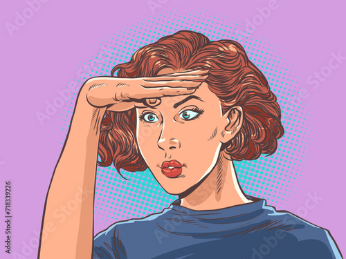 The girl looks into the distance. Hand gestures and facial expressions. Searching for interesting offers for buyers. Pop Art Retro