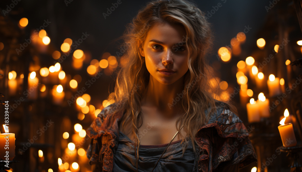 A young woman holds a glowing candle, radiating beauty generated by AI A young woman holds a glowing candle, radiating beauty generated by AI
