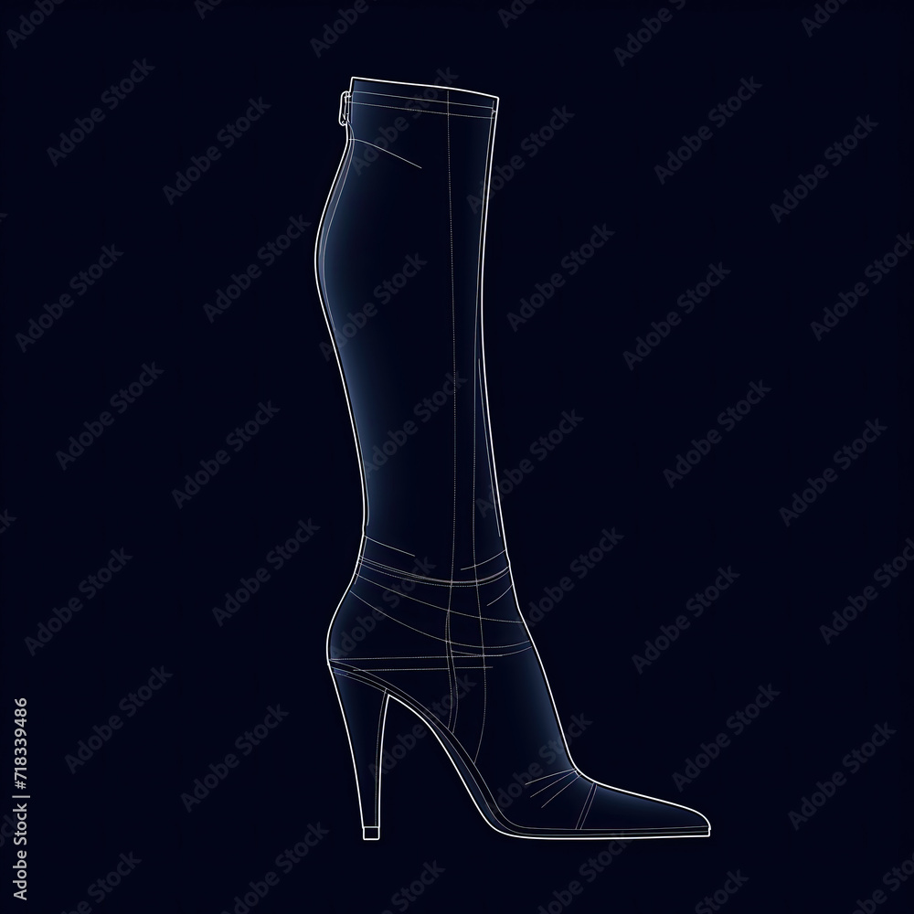 Outline illustration of a fashionable high heel boot on a dark background Outline illustration of a fashionable high heel boot on a dark background