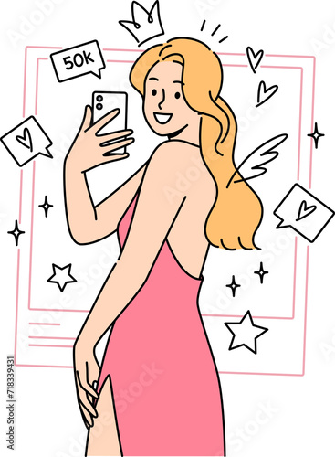 Woman photo model takes selfie in cocktail dress, standing among rating icons from social networks. Girl influencer smiles and takes selfie on mobile phone camera for avatar on dating site