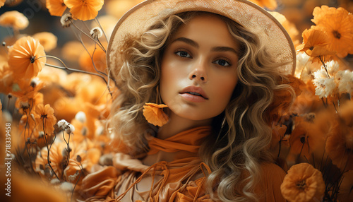Young woman with long blond hair smiling in autumn forest generated by AI