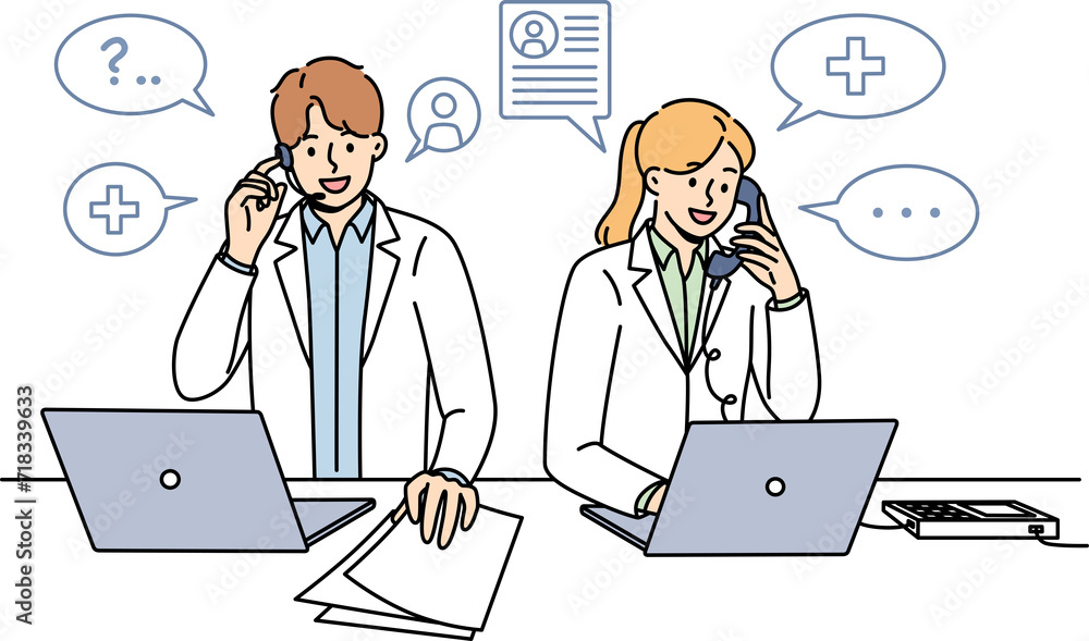 Doctors work in clinic telephone helpline and answer patients questions by phone standing near table with papers and computers. Two doctors with smile sign up clients for session with therapist Doctors work in clinic telephone helpline and answer patients questions by phone standing near table with papers and computers. Two doctors with smile sign up clients for session with therapist