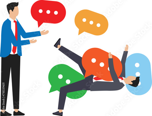 Hate speech and bullying and aggressive businessman yells at coworker throwing verbal bubbles at him. Aggressor and victim employee and conflict at work and trouble in work,
