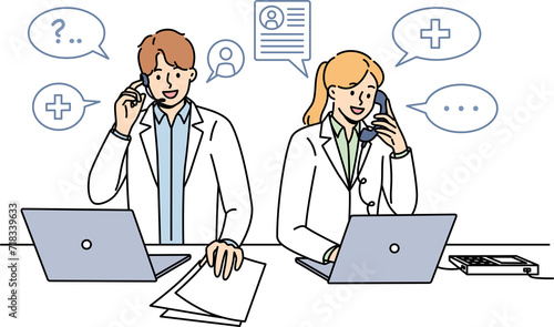 Doctors work in clinic telephone helpline and answer patients questions by phone standing near table with papers and computers. Two doctors with smile sign up clients for session with therapist