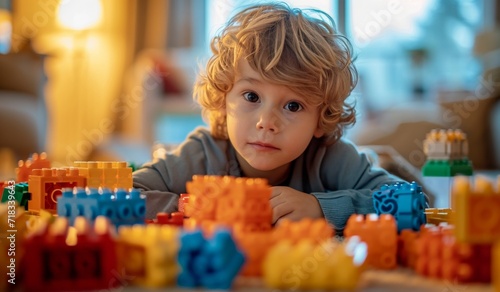 boy is playing with blocks in home