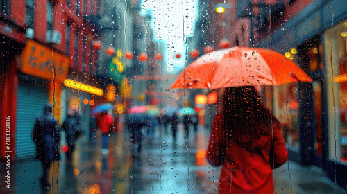 Vivid city street view on a rainy day, person with red umbrella. © Tiz21