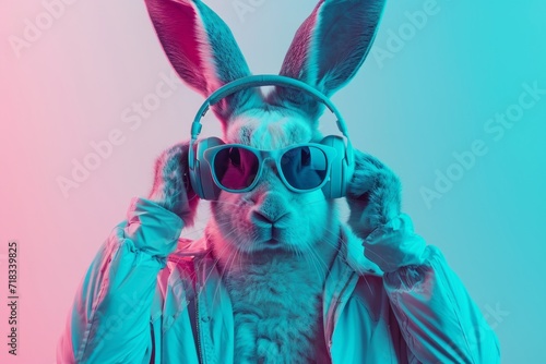 A Rabbit headed figure in shades and headphones rockin generative ai photo