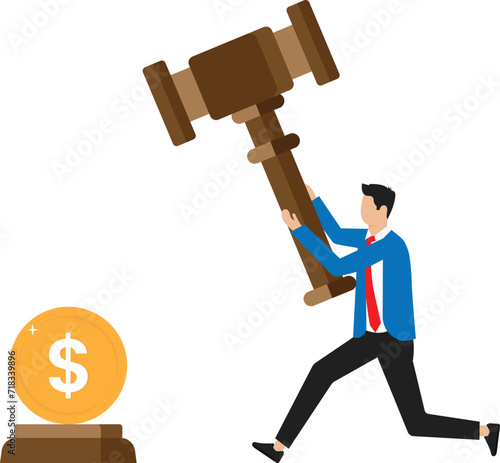 Businessman forges money on anvil. Employee or entrepreneur make coins. Profit and income and Investment and cryptocurrency mining blacksmith forging concept
