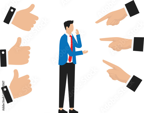 People pointing fingers at sad man. Condemnation by society and surrounded crying people in stress concept
