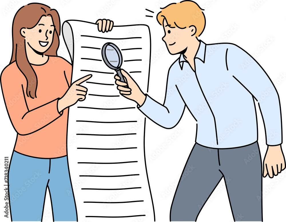 Man and woman are studying business document using magnifying glass to look for hidden information Man and woman are studying business document using magnifying glass to look for hidden information