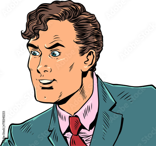 A man in a suit looks intently to the side. Surprised client at the incredible offer. An amazing event for the world. Pop Art Retro