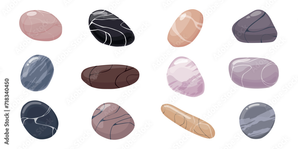 Set of natural stones in cartoon style. Vector illustration of beautiful stones with different designs and shapes isolated on white background. Marble stones in pastel shades. Set of natural stones in cartoon style. Vector illustration of beautiful stones with different designs and shapes isolated on white background. Marble stones in pastel shades.
