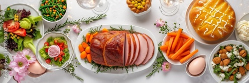 Classic Easter ham dinner. Top view table scene on a white background. Ham, eggs, hot cross buns, carrot, cake and vegetables. Panorama with copy space. photo