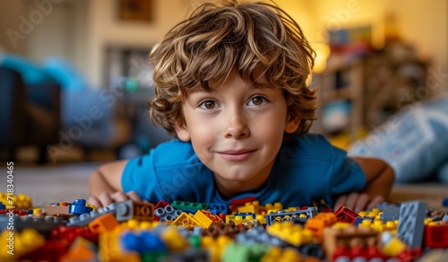 boy is playing with blocks in home