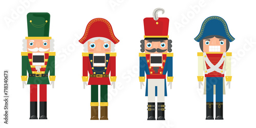 Set of Christmas fairy-tale nutcracker characters in cartoon style. Vector illustration of beautiful nutcracker soldiers in different costumes isolated on white background.