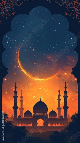 Illustration of Ramadan Kareem background with mosque, moon and stars