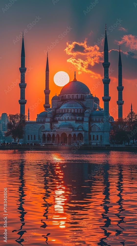 Sunset over Mosque with reflection on the water