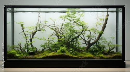  a large aquarium filled with lots of green plants and plants inside of a black frame on top of a white wall.