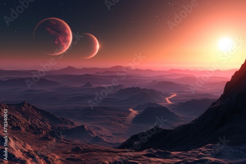 Alien landscape with multiple moons and sunrise. Space exploration and travel concept. Science fiction artwork. Design for banner  poster  wallpaper. Otherworld scene