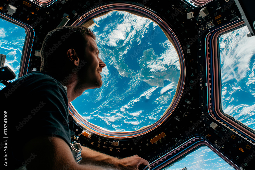 Astronaut observing Earth from space station. Human spaceflight and exploration concept. Space traveler in spacecraft. Design for poster, banner - obrazy, fototapety, plakaty 