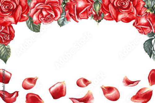 A frame with red roses and rose petals. Hand-drawn watercolor illustration. Flower card design. Wedding invitation, elegant greeting card. For packaging and postcards, posters and flyers.
