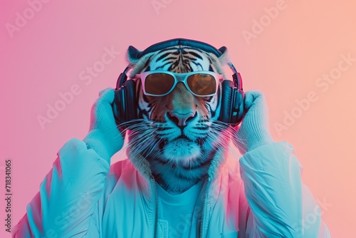 A tiger headed figure in shades and headphones rockin generative ai photo