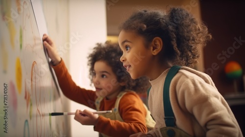 Adorable MixedRace Sisters Drawing on Paper in Their Room Generative AI photo