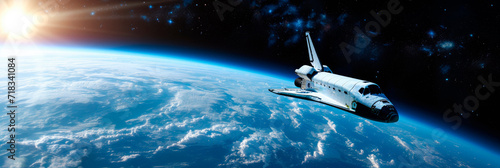 Space shuttle orbiting Earth. Human spaceflight and aerospace technology concept. Earth observation and exploration mission. Design for banner, poster, header with copy space
