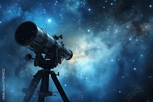Telescope pointed at starry sky. Astronomy research and exploration concept. Design for banner, poster with copy space. Observational astronomy 