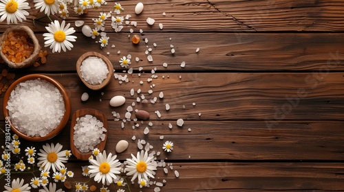 flat lay with spa and massage treatment arrangement with pebbles, salt and chrysanthemum flowers on wooden tabletop