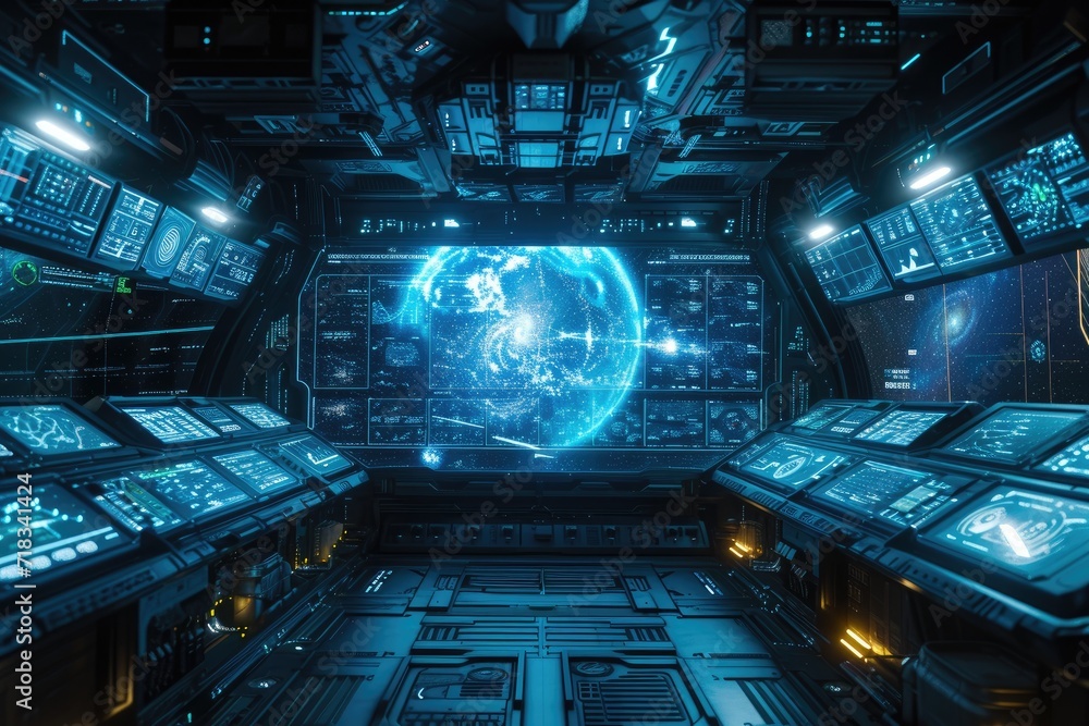 Command center of a spaceship with holographic Earth display. Space navigation and technology concept. Science fiction interior. Design for banner, poster. Futuristic spacecraft control room Command center of a spaceship with holographic Earth display. Space navigation and technology concept. Science fiction interior. Design for banner, poster. Futuristic spacecraft control room