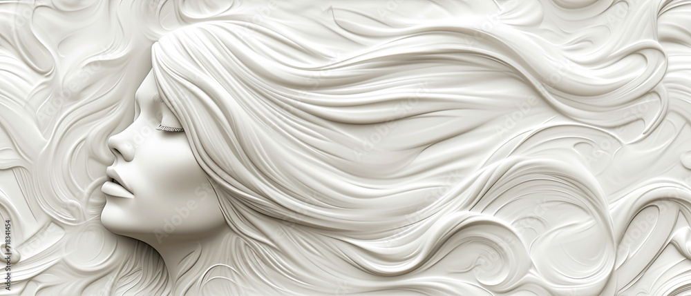 Abstract sculpture of a woman on left side looking left with waves of hair. In pasture texture. Abstract sculpture of a woman on left side looking left with waves of hair. In pasture texture.