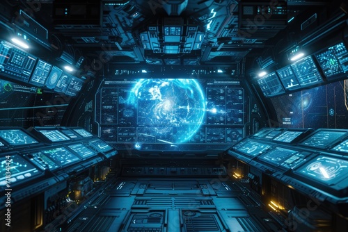 Command center of a spaceship with holographic Earth display. Space navigation and technology concept. Science fiction interior. Design for banner, poster. Futuristic spacecraft control room
