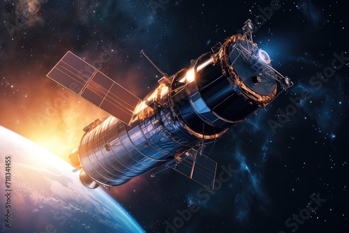 Satellite orbiting over Earth's atmosphere at sunset. Space exploration and travel concept. Science fiction scene. Design for banner, poster, wallpaper. Futuristic spacecraft 