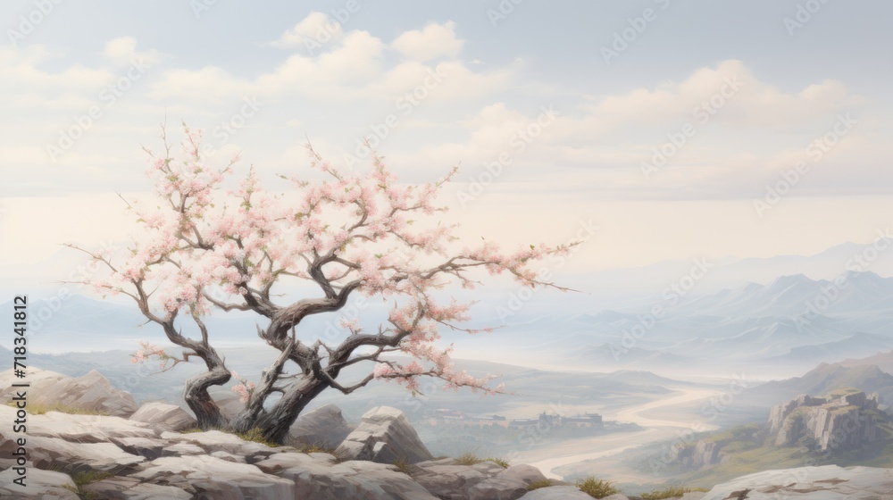 a painting of a tree on top of a mountain with a view of a valley and mountains in the distance. a painting of a tree on top of a mountain with a view of a valley and mountains in the distance.
