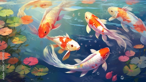 Cute Carps Swimming in Beautiful Pond Generative AI