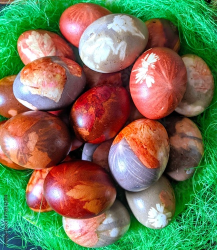 traditionally coloured Easter eggs in natural dye.