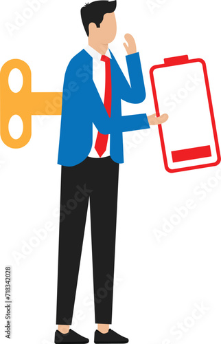 Burnout and Overwork man feeling exhausted with low battery, tired sad person standing and unhappy stressed businessman or student. Professional burnout syndrome concept
